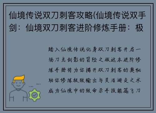 仙境传说双刀刺客攻略(仙境传说双手剑：仙境双刀刺客进阶修炼手册：极致输出与灵活游走)